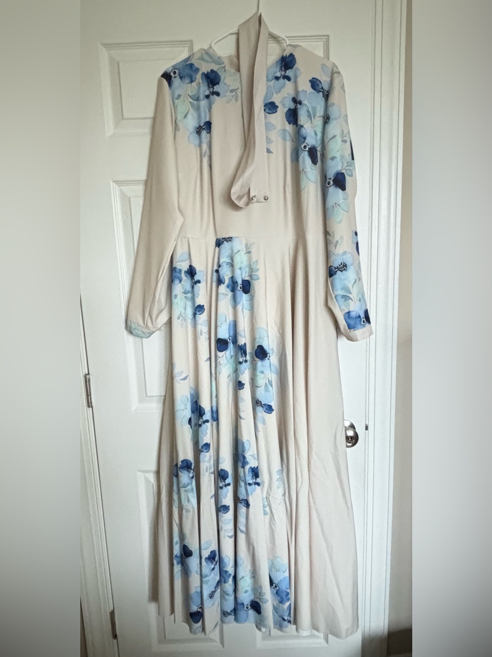 Cream Maxi Dress with Blue Floral Accents